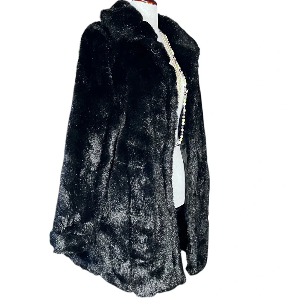 DENNIS BASSO VINTAGE 90s Black Faux Fur Plush Mid-Length Coat Jacket SZ:L - Picture 2 of 12